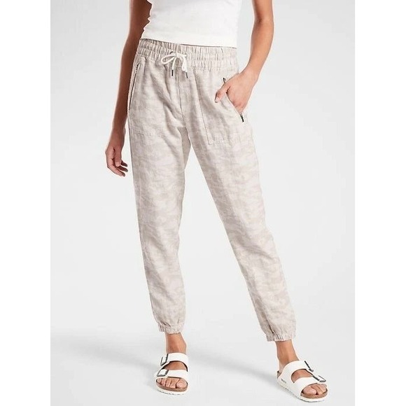Athleta Pants - Athleta Cabo Tide Linen Jogger Pants Drawstring Elastic Waist Camo Tan‎ Size 6